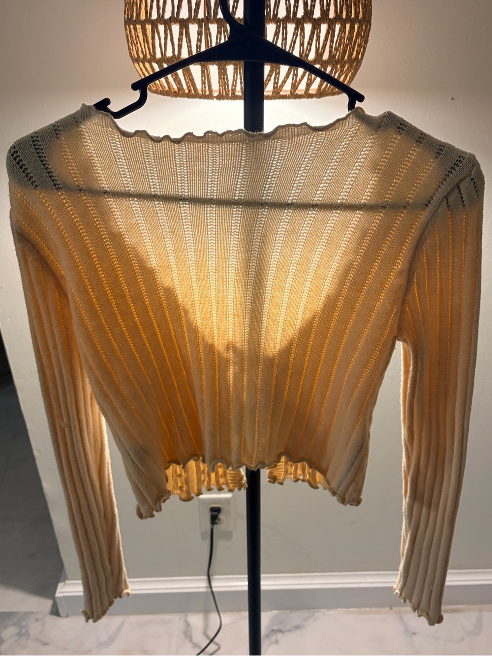 SHEIN Cream Ruffle Tie-Front Ribbed Cardigan - Picture 8 of 9